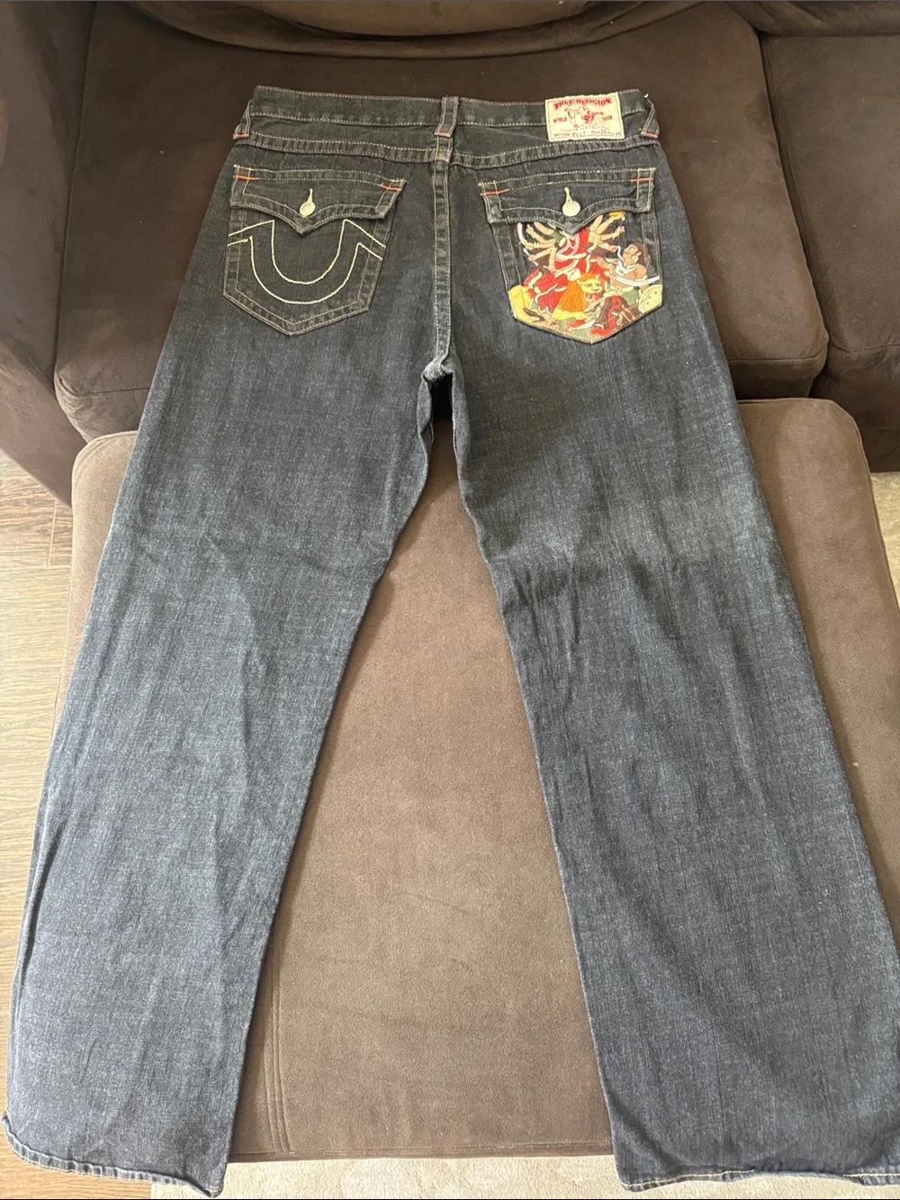 True Religion Men’s Dark Blue Straight Jeans with Floral Back Pocket